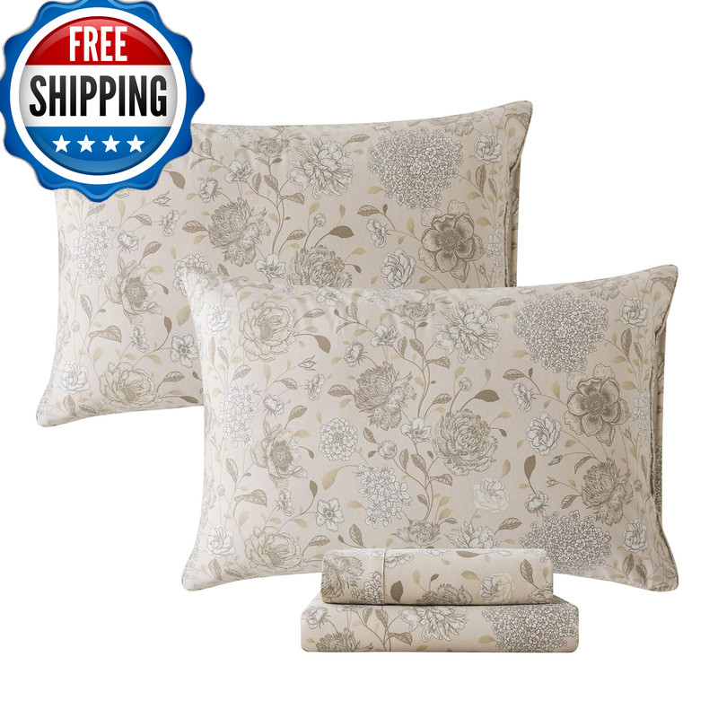 Fadfay Light Khaki Vintage Hydrangea Floral King Size Sheets Set 100 Brushed