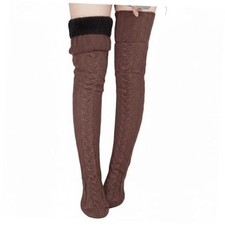 Women Fleece Lined Thigh High Sock over Knee Cable Knit Boot Sock 1 Brown