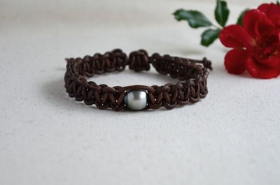 Tahitian Pearl on Brown Leather Adjustable Boho Bracelet Men's Size from 7.75''