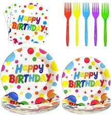 100 Pcs Birthday Colorful Dots Plates Napkins Forks, Disposable Happy Birthday D