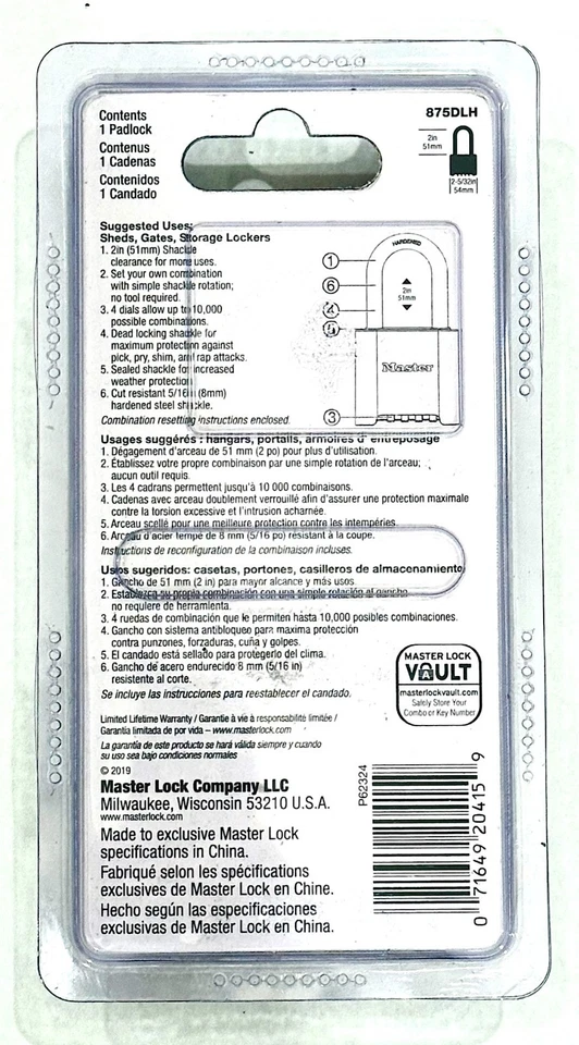 NEW MASTER LOCK 875DLH RESETTABLE COMBINATION LONG SHACKLE PADLOCK UNOPENED PACK - Image 3 of 4