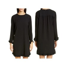 Ganni Clark Dress Long Sleeves Black Textured Ruffled Mini - Size EU 38 US 6