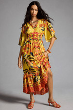New Anthropologie Farm Rio Printed V-Neck Ruffle-Hem Dress Sz Xs