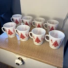 Vintage Hazel Atlas Milk Glass Mug Cup Red Christmas Tree Egg Nog Set Of 8