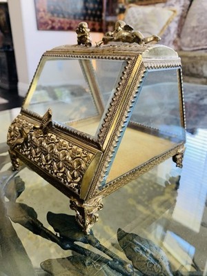 Vintage Gilt Ormolu Jewelry Casket w/ Beveled Glass Cherubs & Birds