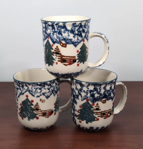 Tienshan Folk Craft CABIN IN THE SNOW Coffee Mugs ~ Set/3 Christmas Winter