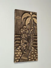 Vintage Costa Rica Hand-Carved Wood Pineapple Farmer Relief Panel Tropical Folk