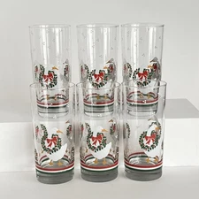 6 Vintage Libbey Christmas Glasses White Goose With Wreath 6” Barware Holiday