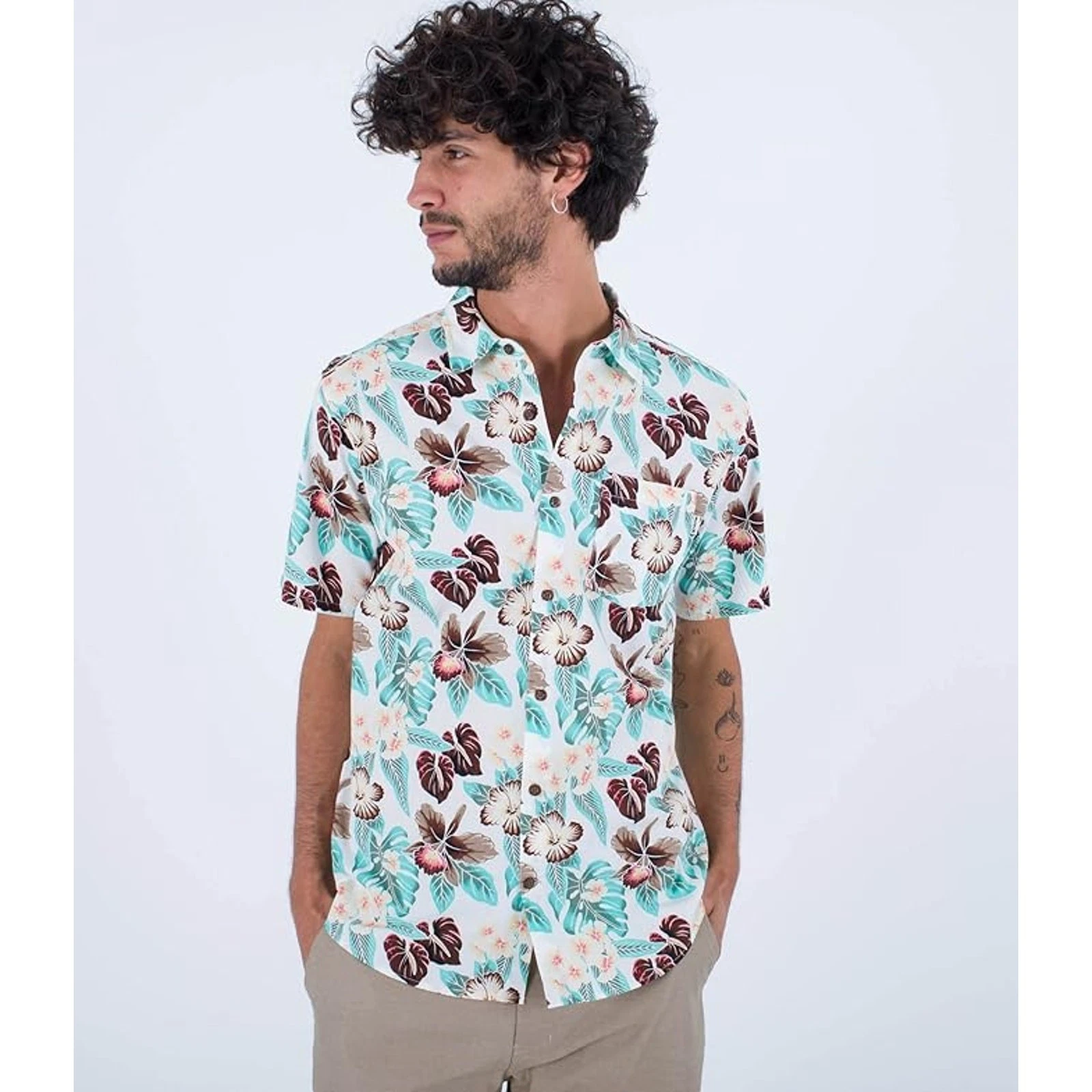 Hurley Mens Small One & Only Lido Stretch White Floral Short Sleeve Shirt K25-22