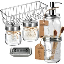 6-Piece Mason Jar Bathroom Accessories Set with Rustic Brushed Nickel Finish