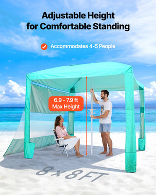 VEVOR Beach Cabana, 8 x 8 ft Beach Canopy with Side Wall, UPF 50+ Protection Eas