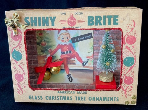 Vintage SHINY BRITE Christmas Ornament Shadow Box Elf Bottle Brush Tree