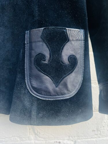 Vintage 1970s navy blue suede jacket leather appliqué lapels hippy bohemian 10 - Picture 4 of 17