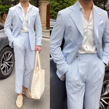 Men Suits Seersucker Single Breasted Wedding Prom Groom Tuxedos Regular Fit