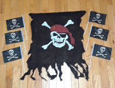 1 Pirate Banner 28" x 36" And 6 Small 8" x 5" Flags Skull Crossbones Halloween
