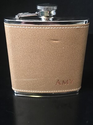Stainless Steel Leather Bound 6oz Flask with the Name Amy