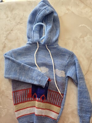 Vintage Baby Clothes Zip Up Hooded Sweater Blue With Train 
