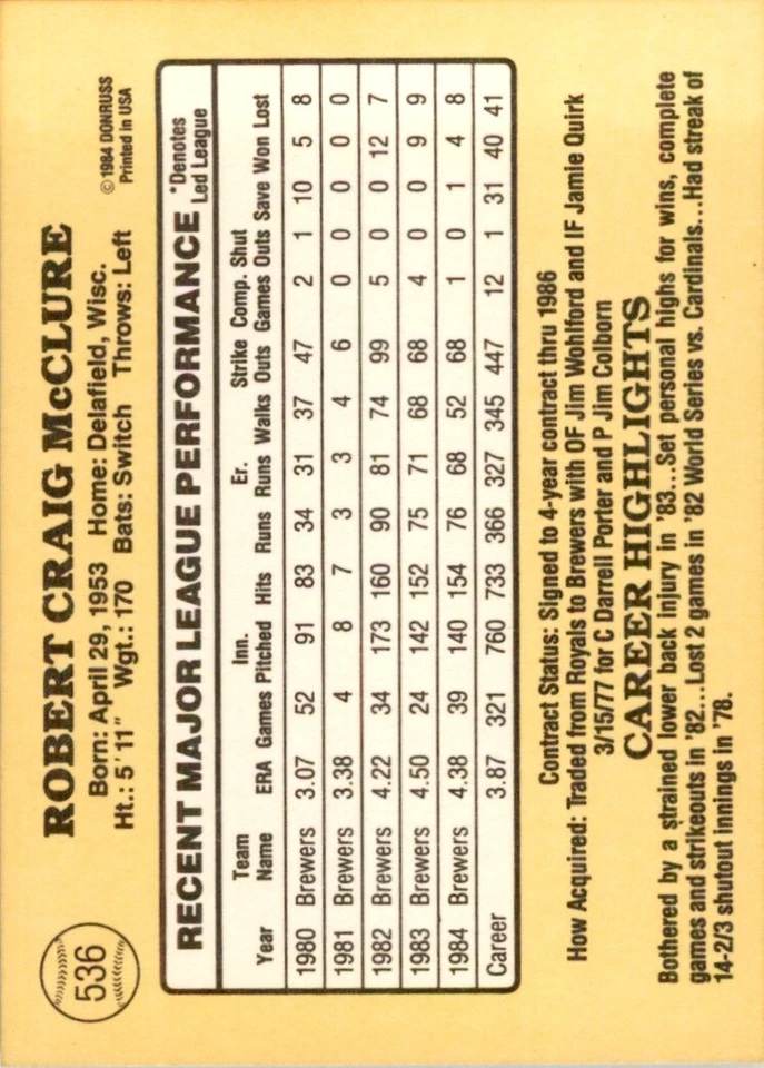1985 Donruss Bob McClure Baseball Cards #536 - Image 2 of 2