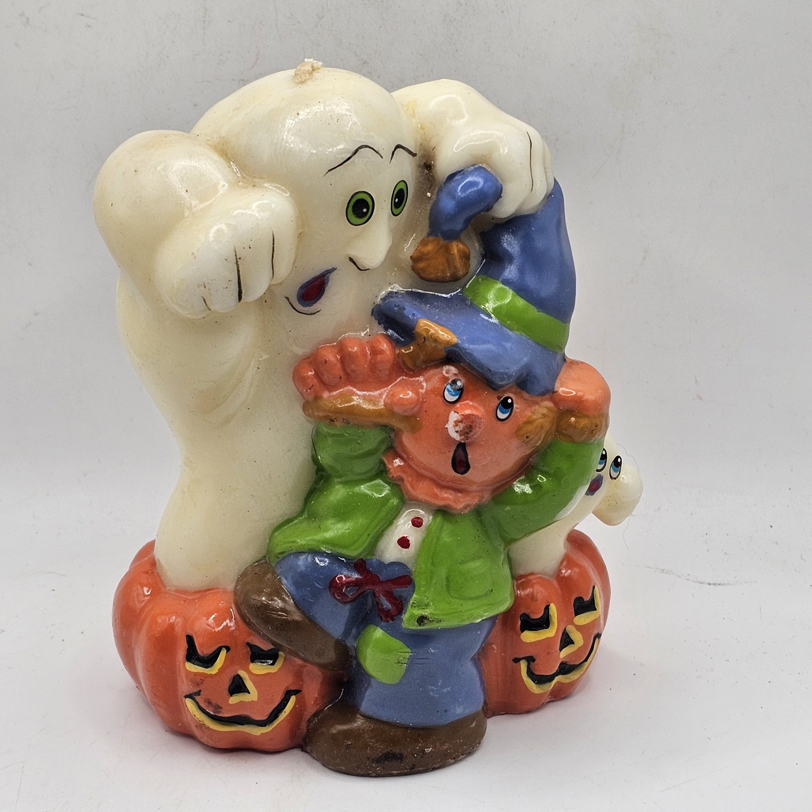 Vintage Halloween Candle Decor with Ghost Scarecrow and Pumpkin 6 Inch