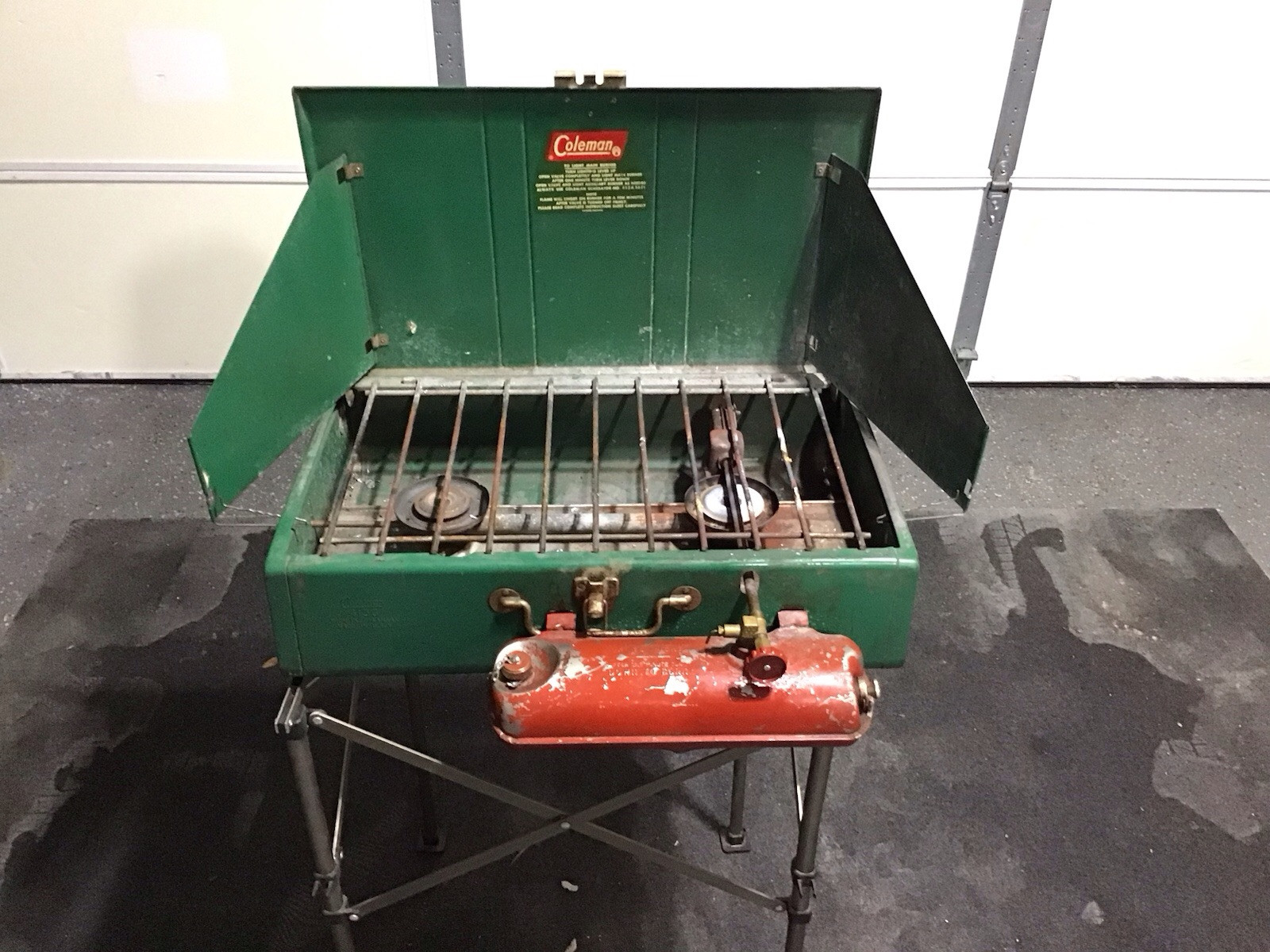 Vintage Coleman 413G Camp Stove with Red Gas Tank & Propane Connection Untested