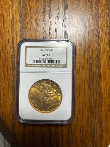 1892 $20 Double Eagle Gold Coin, MS 62