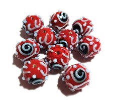 Qty. 10 - 16mm Round Bumpy Swirly Red, Black White Lampwork Glass Beads
