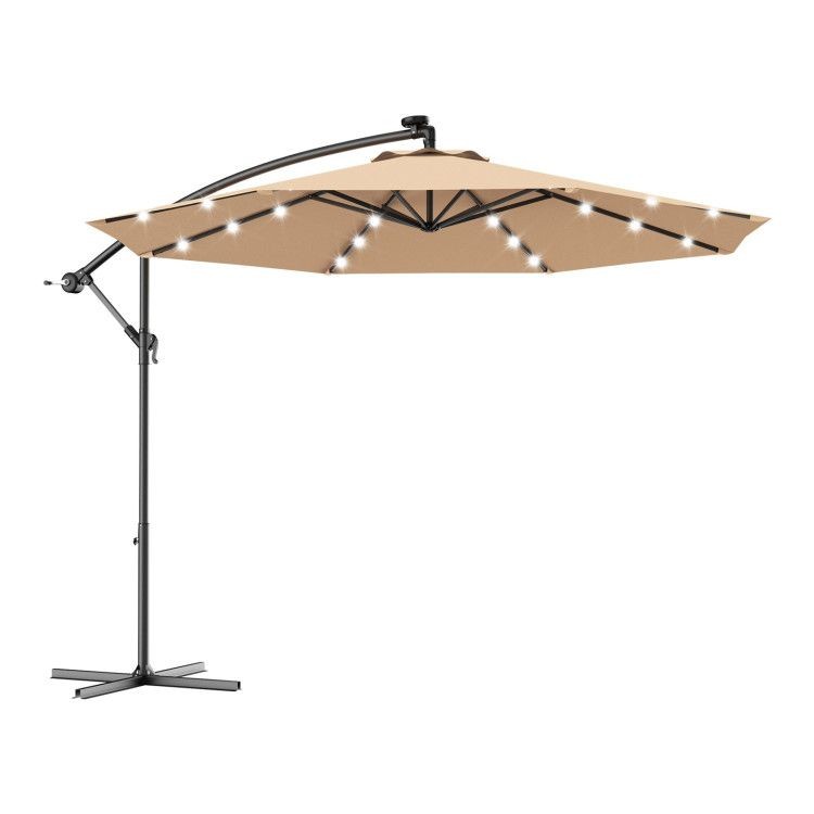 9 foot patio umbrella Primehome 9 ft. Patio Umbrella for Outdoor with Push Button Tilt and Crank Table Umbrella Plus Base in Tan