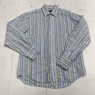 Threads Blue Pink Green Stripe Cotton Linen Long Sleeve Button Up Mens Size L