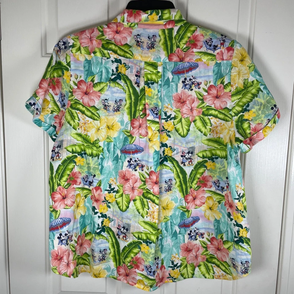 Camisa feminina de linho Disney Tommy Bahama festa à beira da piscina Mickey & Minnie Mouse M - Imagem 4 de 4