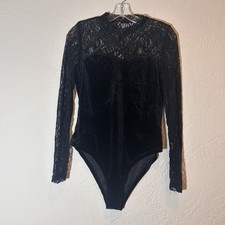 SHEIN Black Velvet Lace Bodysuit Long Sleeve Mock Neck One Piece Women s Large