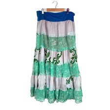 Y2K Vtg Skirt Sz L 100 Silk Tiered Midi Boho Festival Fairy Cottage Patchwork