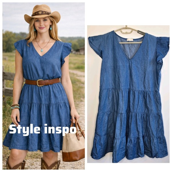 Abode Luxe Size S  Dress Womens Blue Denim Look Cap Sleeve Tiered V-Neck Flowy