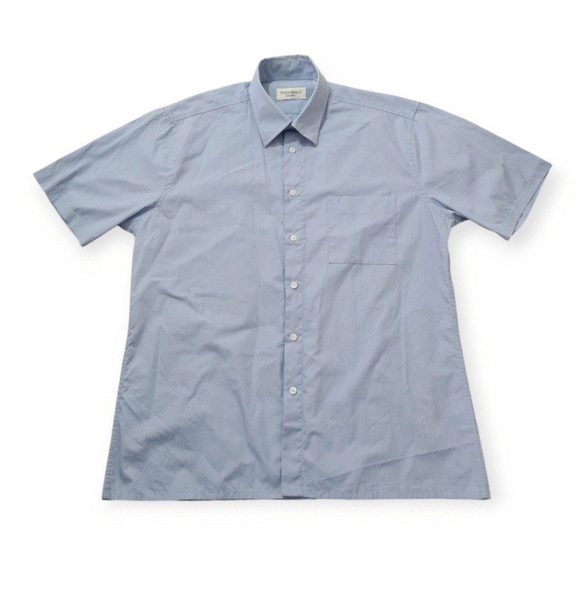 Camicia Yves Saint Laurent taglia grande blu manica corta ricamata