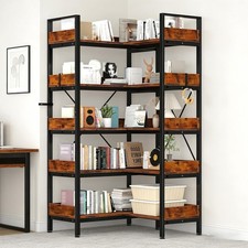 65" Industrial 5 Tier Corner Bookshelf Tall Corner Bookcase 4 Hooks L-Shaped Sto