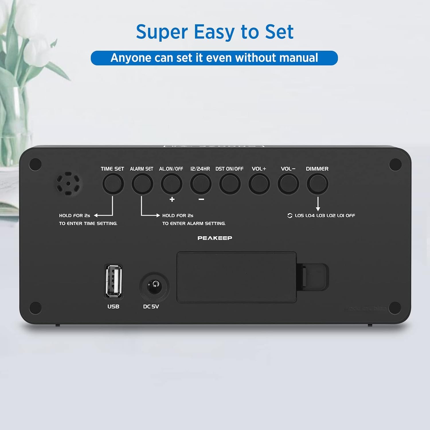 Peakeep Digital Clock, Alarm Clock for Bedrooms with USB Charger Port - Green 