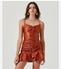 ASTR The Label Open Back Mini Dress Medium Ruched Ruffle Rust Orange Halter