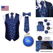 DiBanGu Men's Blue Paisley Vest Necktie Set 6PCS Pre-tied Bow Tie Silk