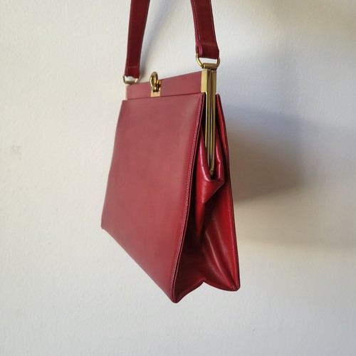 Vintage Lederer de Paris rot Leder schmal Akkordeon strukturiert Top Henkel Tasche - Bild 4 von 10