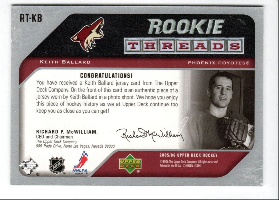 2005-06 Upper Deck Threads Keith Ballard Rookie Jersey #RT-KB Phoenix Coyotes - Image 2 of 2