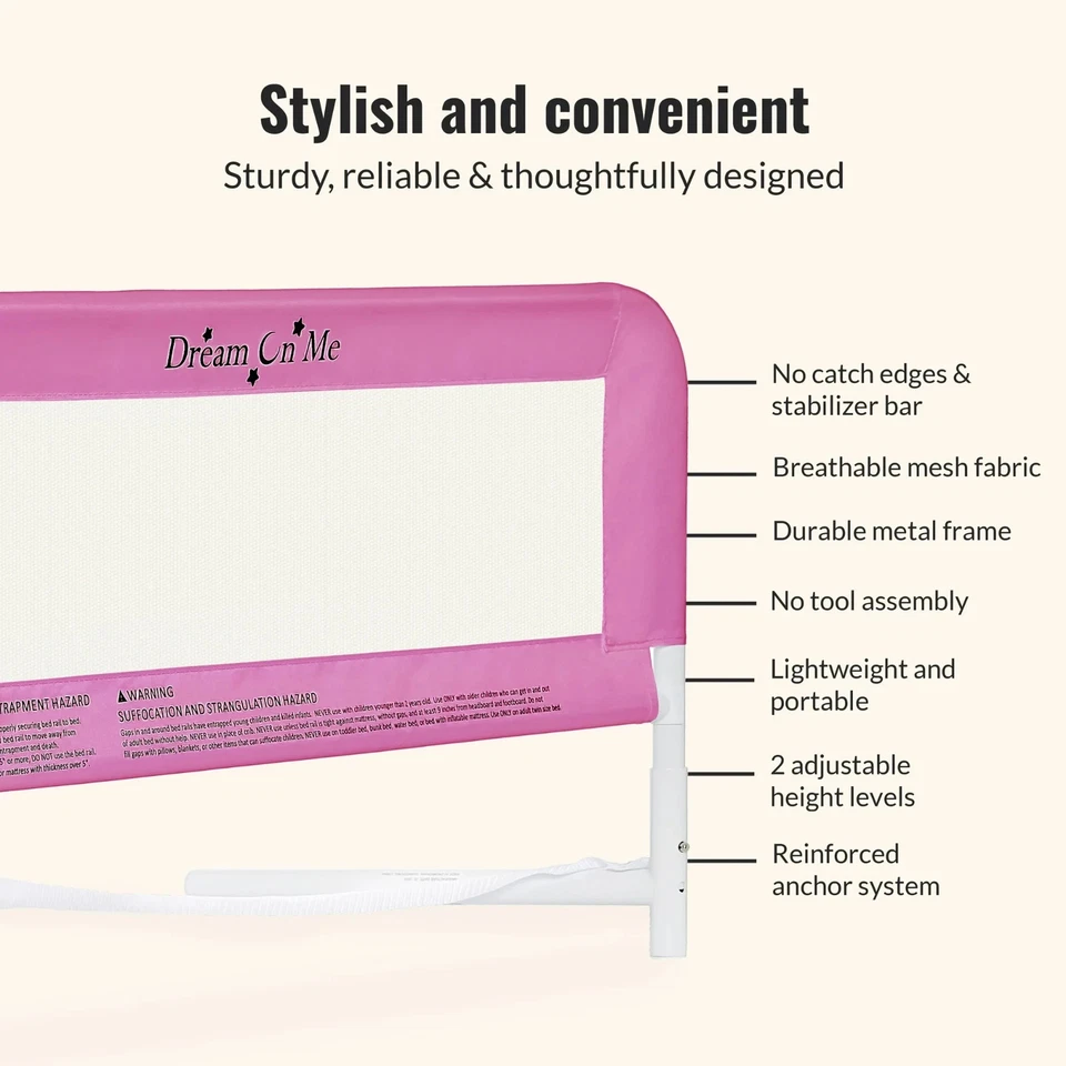 Riel de cama ajustable de seguridad de malla ligera Dream on Me para niño pequeño, rosa Foto 3 de 4