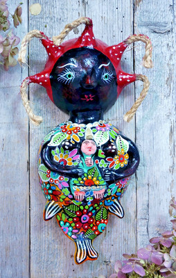 Mermaid & Baby Coconut Wall Ornament Handmade & Painted Guerrero Mexico Folk Art