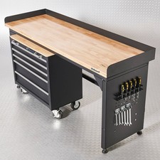 Datona  Werkbank Eiche 200 cm + Werkzeugwagen 5 Schubladen 40 kg Schubladenlast