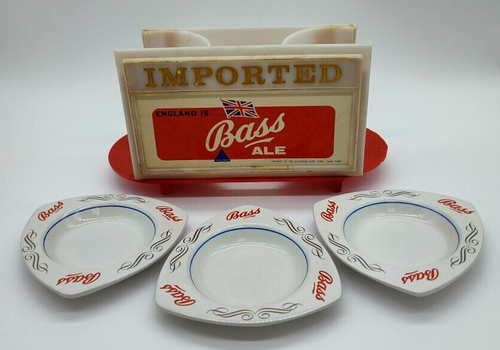 Vintage Imported England Is Bass Ale Pub Bar Caddy & 3 Ceramic Ashtrays