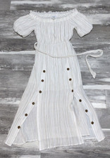Vernacular Striped Short Sleeve White Button Front Dress sz Small