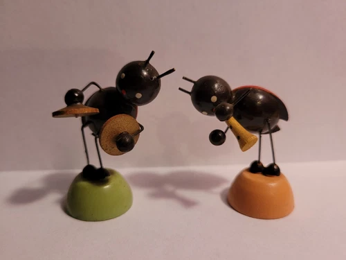 VTG (2) Erzgebirge Style Ladybug Miniature Band Horn Cymbals Figurine Wooden