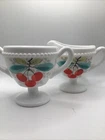 vtg milk glass footed beaded creamer sugar set hand painted cherries