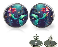 Sea Life Mermaid Glass Top Stud Earrings 3 Sizes Handmade Fantasy Photo Jewelry
