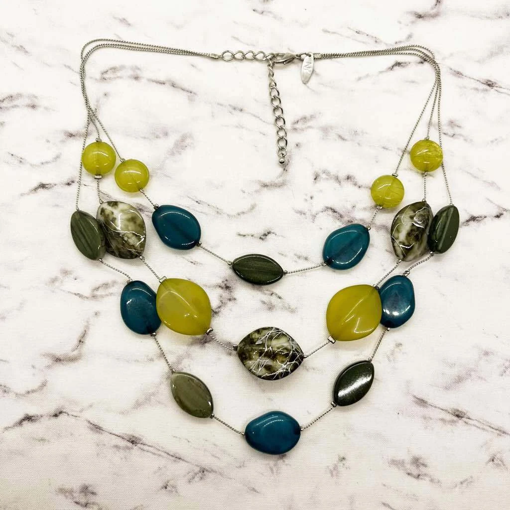 New York Company Necklace Blue Green Beaded Multilayer Statement