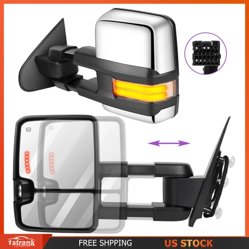 Chrome Power Heated Tow Mirrors For 2015-2018 Chevy GMC 2500 HD 3500 HD Pair