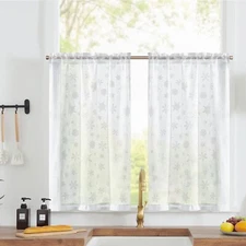 2 Panels 26*24 White Sheer Curtains Snow Cafe Curtain Small Window Kitchen Drape